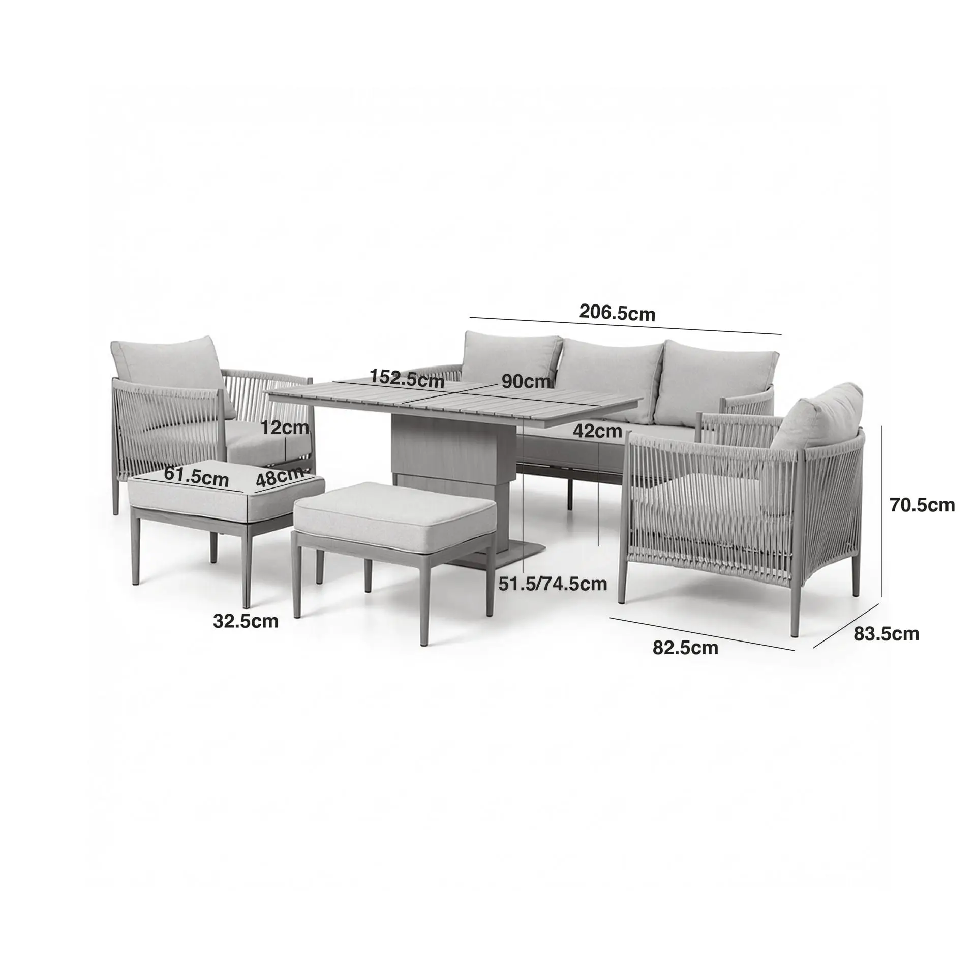Havana Rope Weave 3 Seat Sofa Dining Set - Rising Table & Footstools