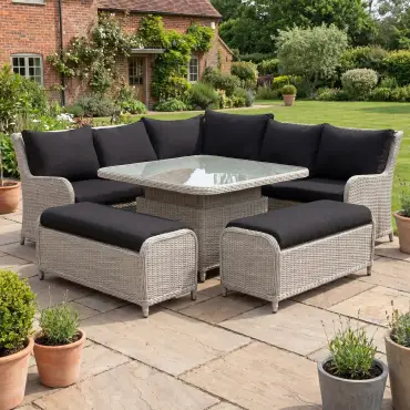 NOVA Avery Grande Curved Corner Sofa Lounge Dining Set - Square Rise & Fall Table (Plus)
