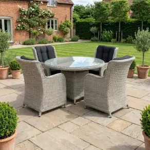 NOVA Avery 4 Seat Dining Set - 1.2m Round Table (Clear Glass)
