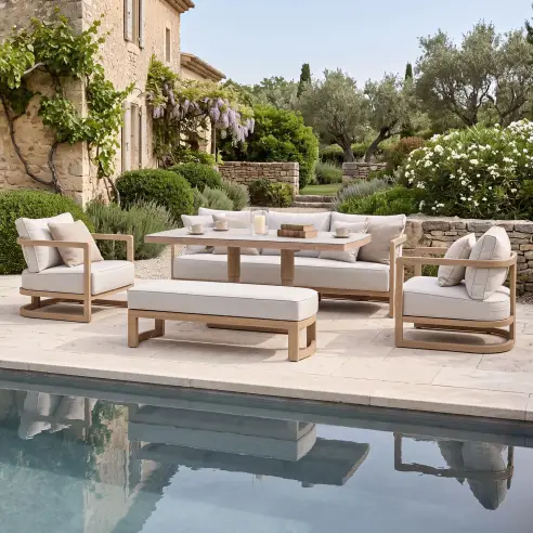 Malibu 3 Seat Aluminium Sofa Set - Rising Table & Bench Malibu 3 Seat Aluminium Sofa Set - Rising Table & Bench