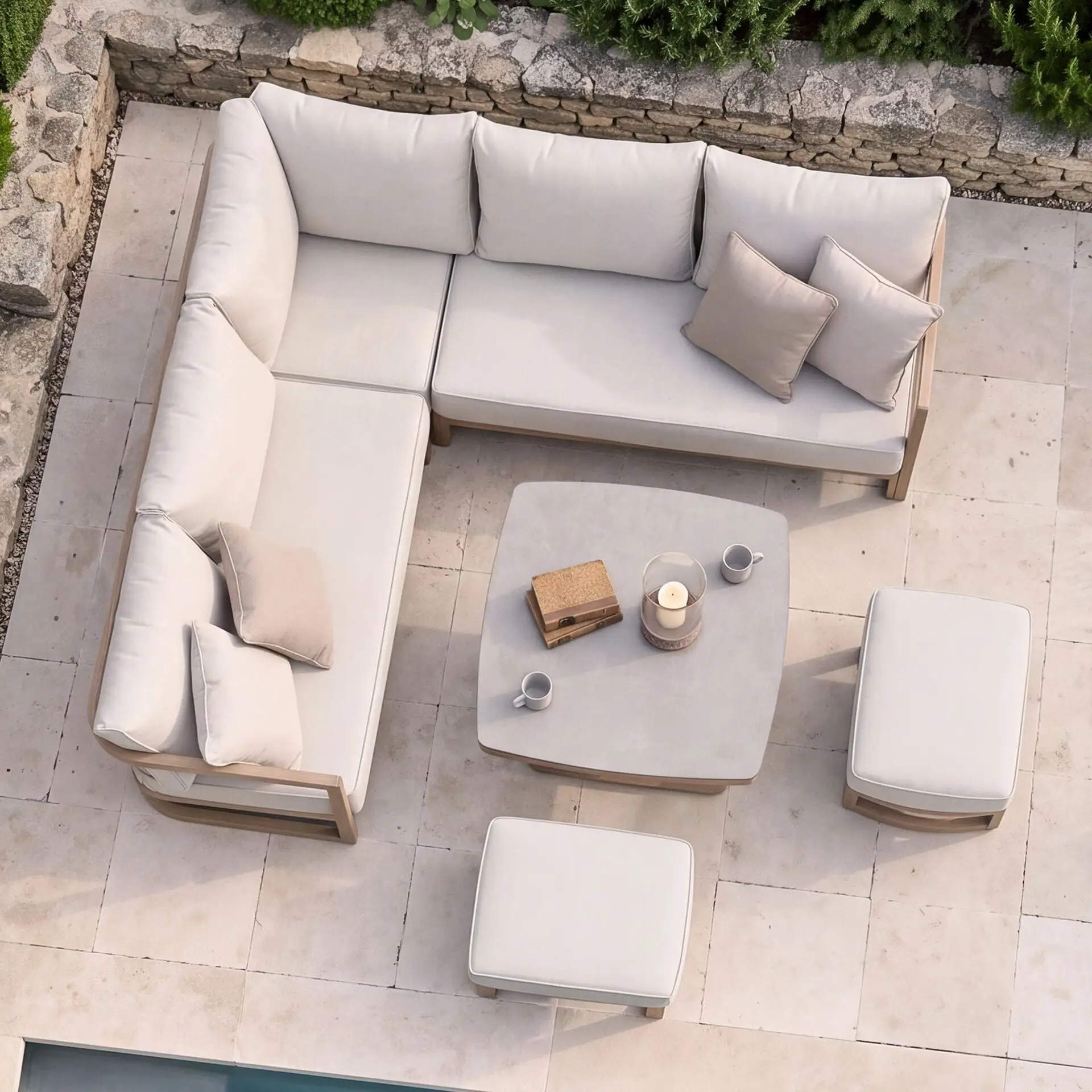 Malibu Square Aluminium Corner Dining Set - Rising Table & Footstools