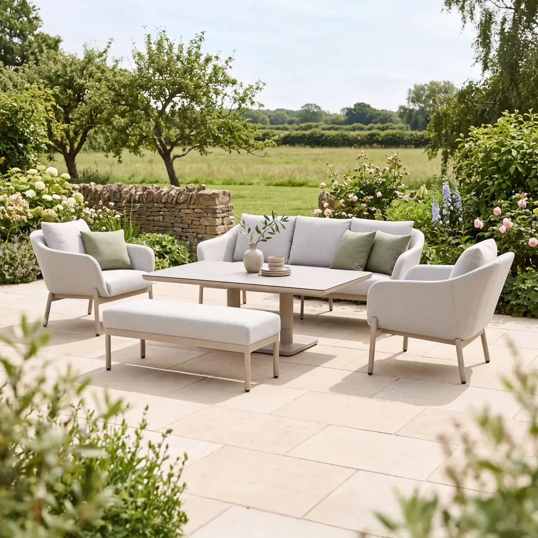 Bellagio Fabric 3 Seat Sofa Set - Rectangular Rising Table & Bench Bellagio Fabric 3 Seat Sofa Set - Rectangular Rising Table & Bench