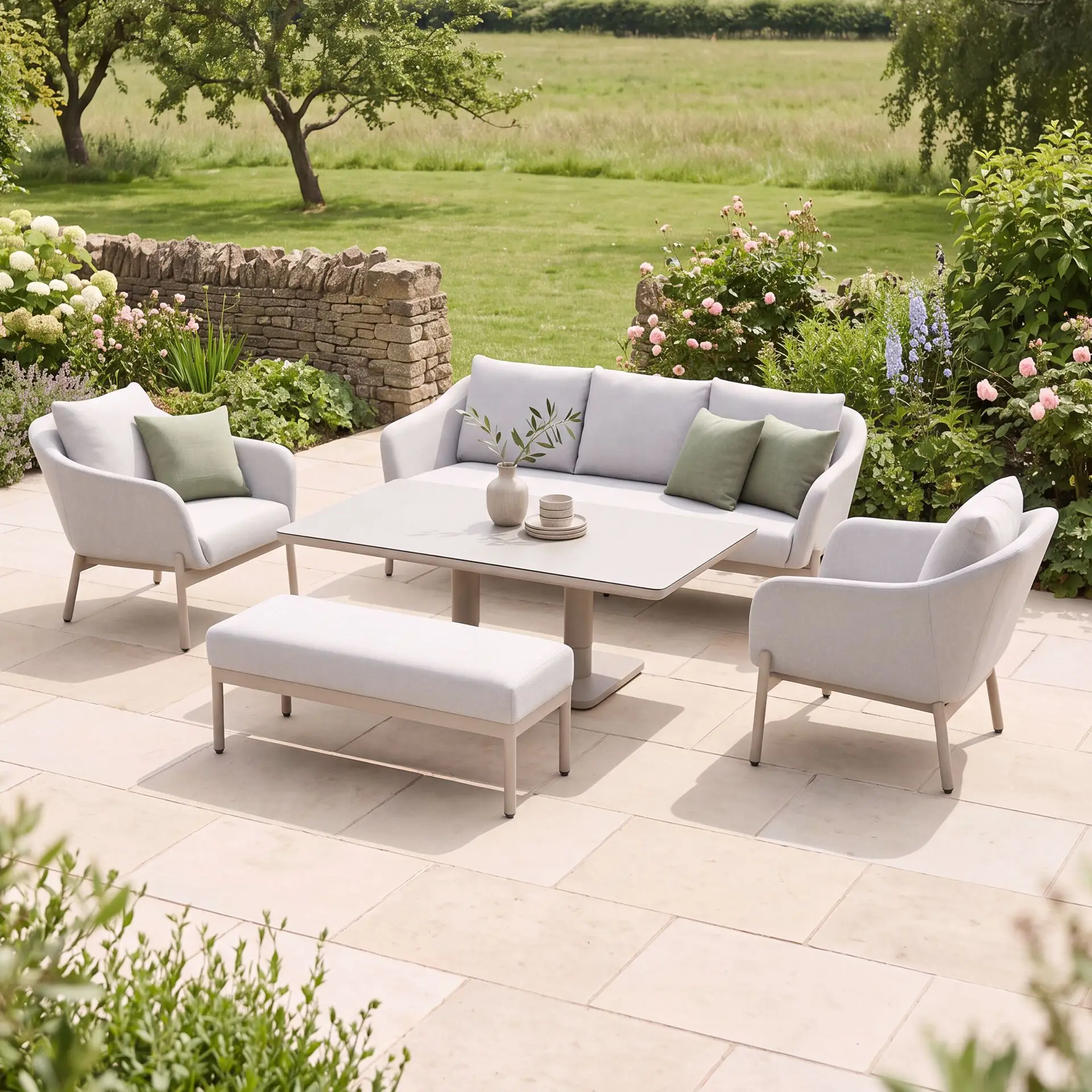 Bellagio Fabric 3 Seat Sofa Set - Rectangular Rising Table & Bench
