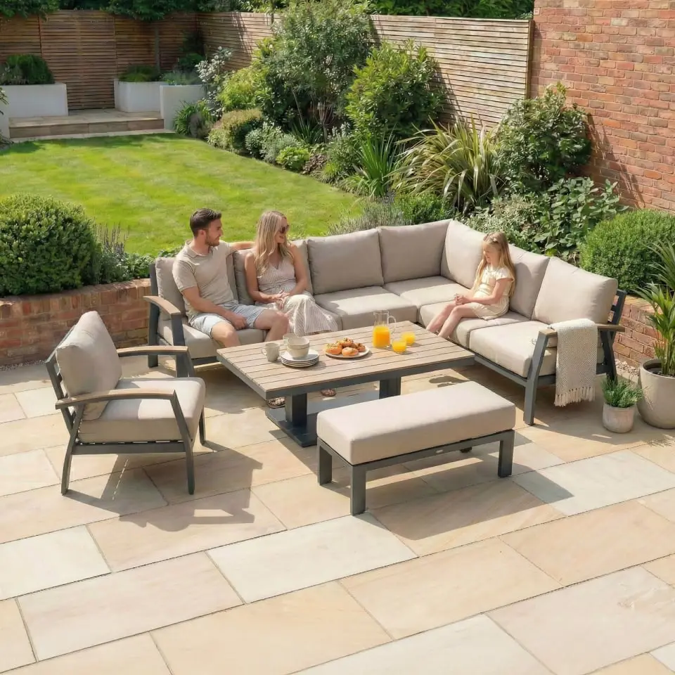 Leah Corner Aluminium Dining with Armchair & Bench - Adjustable Rising Table