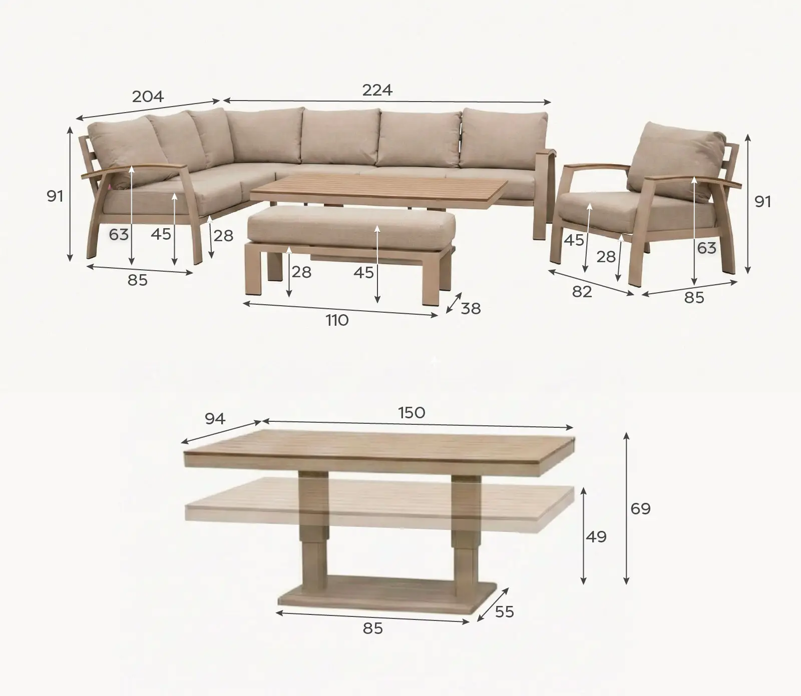 Leah Corner Aluminium Dining with Armchair & Bench - Adjustable Rising Table