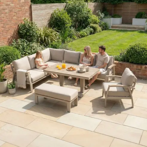 Leah Corner Aluminium Dining with Armchair & Bench - Adjustable Rising Table Leah Corner Aluminium Dining with Armchair & Bench - Adjustable Rising Table