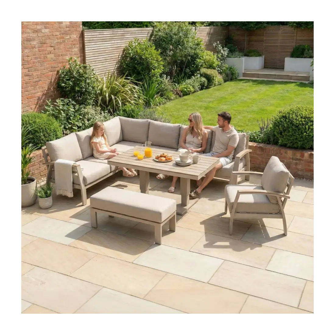 Leah Corner Aluminium Dining with Armchair & Bench - Adjustable Rising Table Leah Corner Aluminium Dining with Armchair & Bench - Adjustable Rising Table