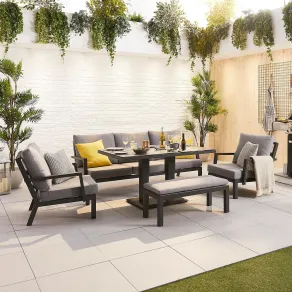 Vogue 3 Seater Aluminium Dining Set with 2 Armchairs & Bench - Adjustable Rising Table